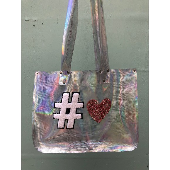 Holographic Clear Tote | Hashtag Heart Appliqué Iridescent Bag - Picture 4 of 7